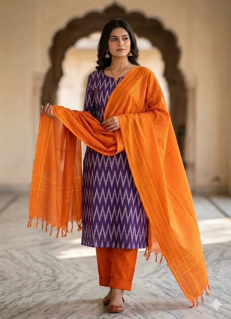 Pure Handloom Ikat Purple and Orange Unstitched Suit Set - pochampallysarees.com