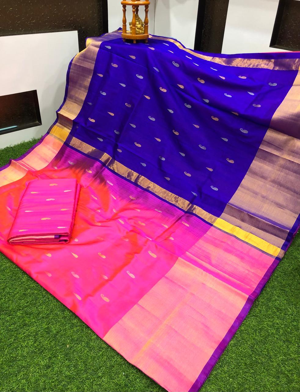 Exquisite Royal Blue & Pink Uppada Pattu Saree with Zari Motifs - pochampallysarees.com