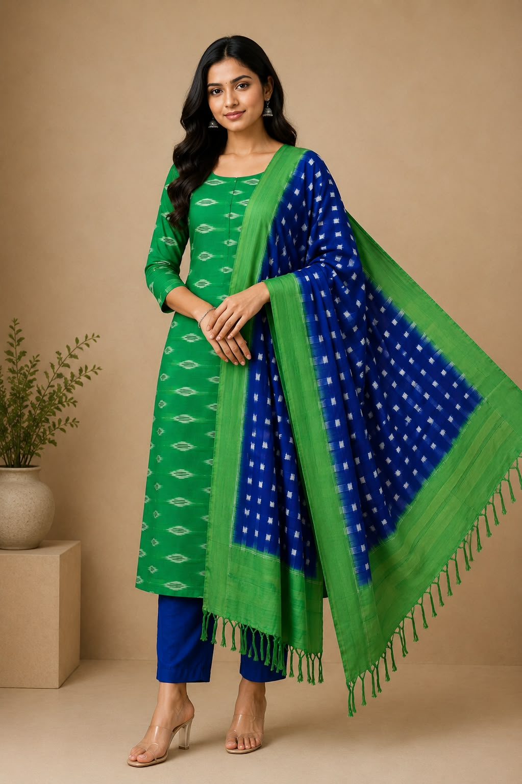 Emerald Green & Royal Blue Handloom Double Ikkat Cotton Dress Material Set