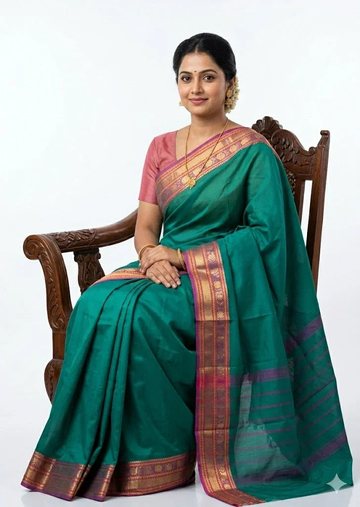 NARAYANPET COTTON Rama Gren Sari - pochampallysarees.com