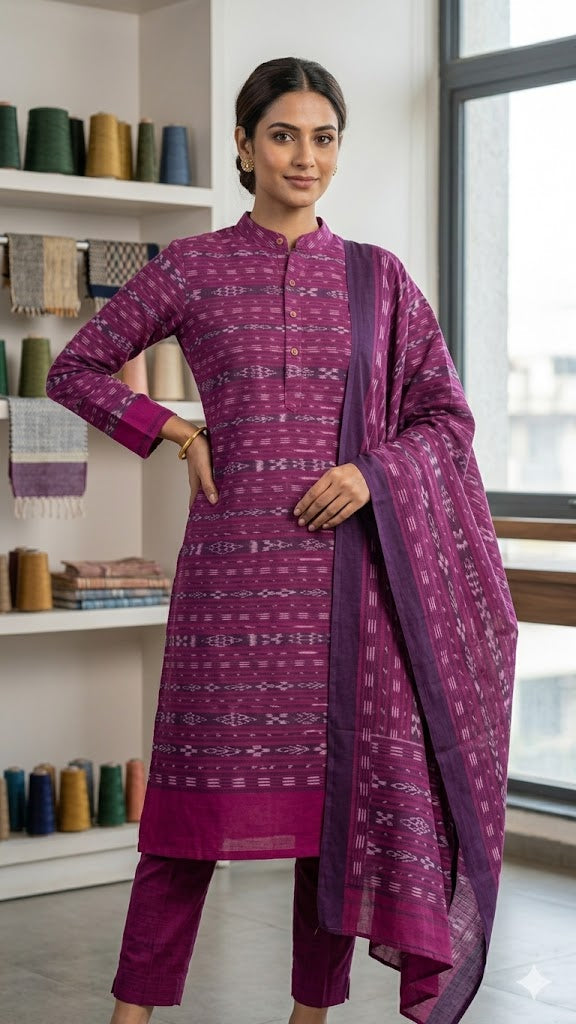 Premium Purple Sambalpuri Ikat Unstitched Handloom Fabric - pochampallysarees.com