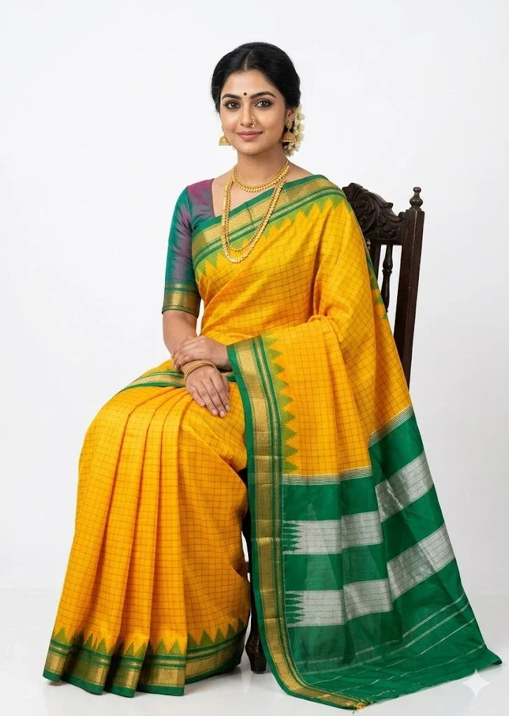 Vibrant Yellow Gadwal Saree with Contrast Green Temple Border - pochampallysarees.com