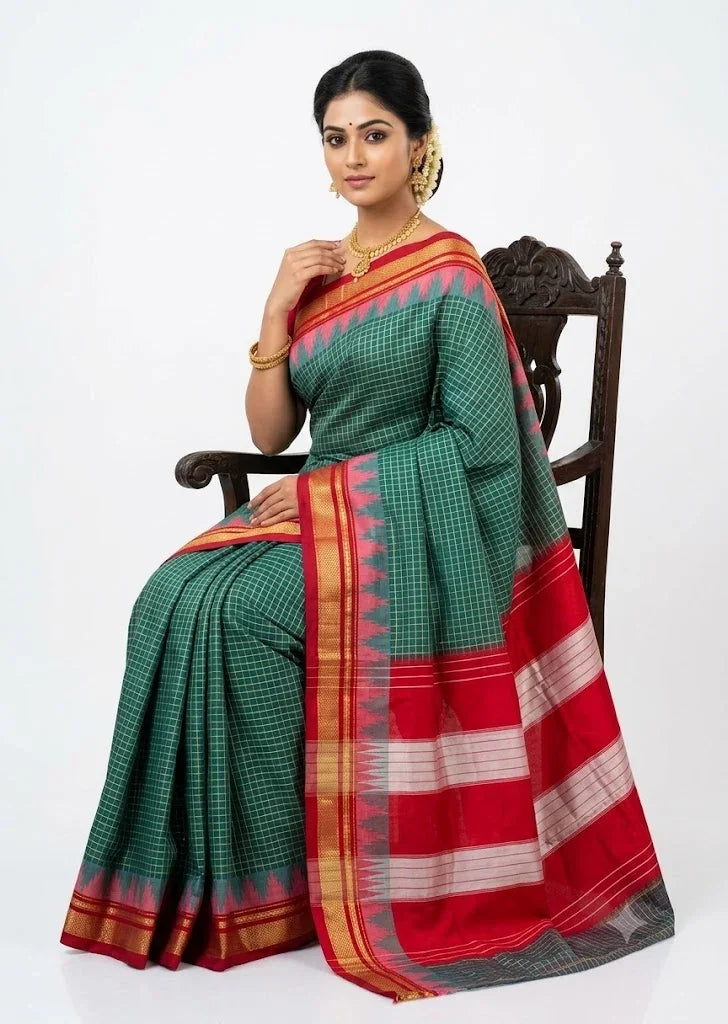 Teal Green Checkered Gadwal Silk Saree with Red Temple Border - pochampallysarees.com
