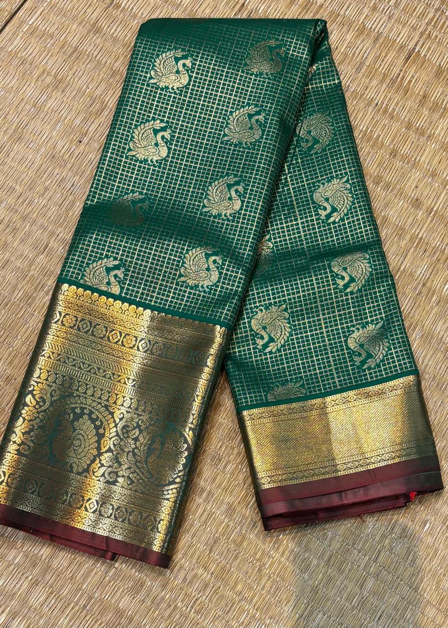Bottle Green & Crimson Red Semi Dharmavaram Silk Saree with Zari Checks and Brocade Pallu