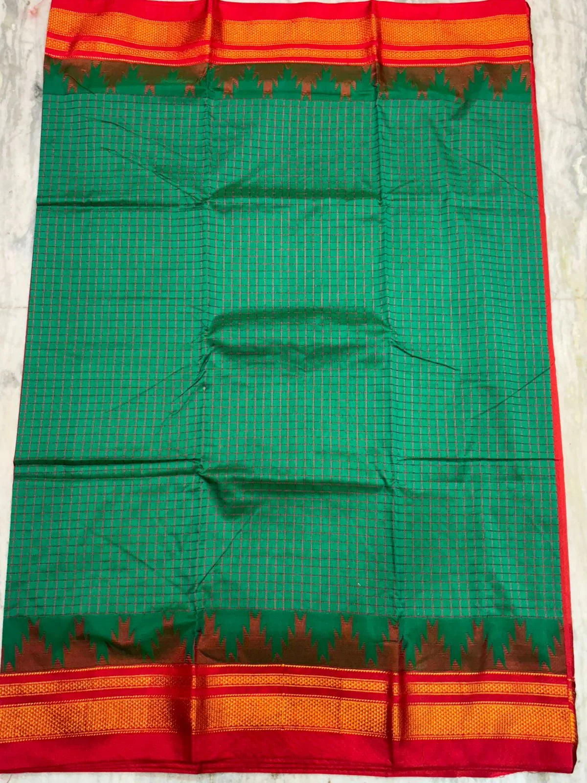 Authentic Pure Gadwal Silk Saree ā Green with Red Temple Border & Zari Checks - pochampallysarees.com