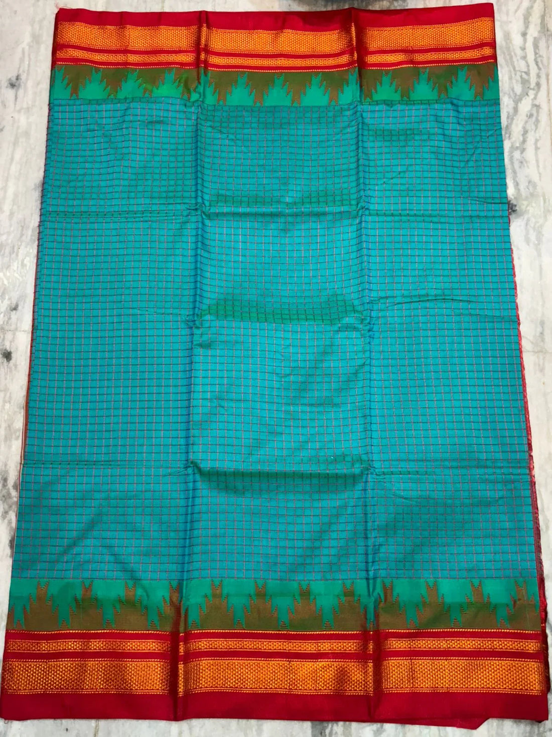Authentic Pure Gadwal Silk Saree in Teal Green & Red with Zari Temple Border - pochampallysarees.com