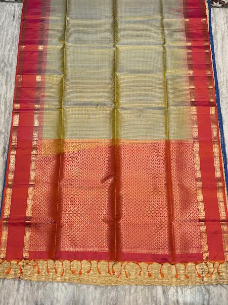 Pure Kanchipuram Silk Saree in Sage Green & Crimson Red with Silk Mark Certification
