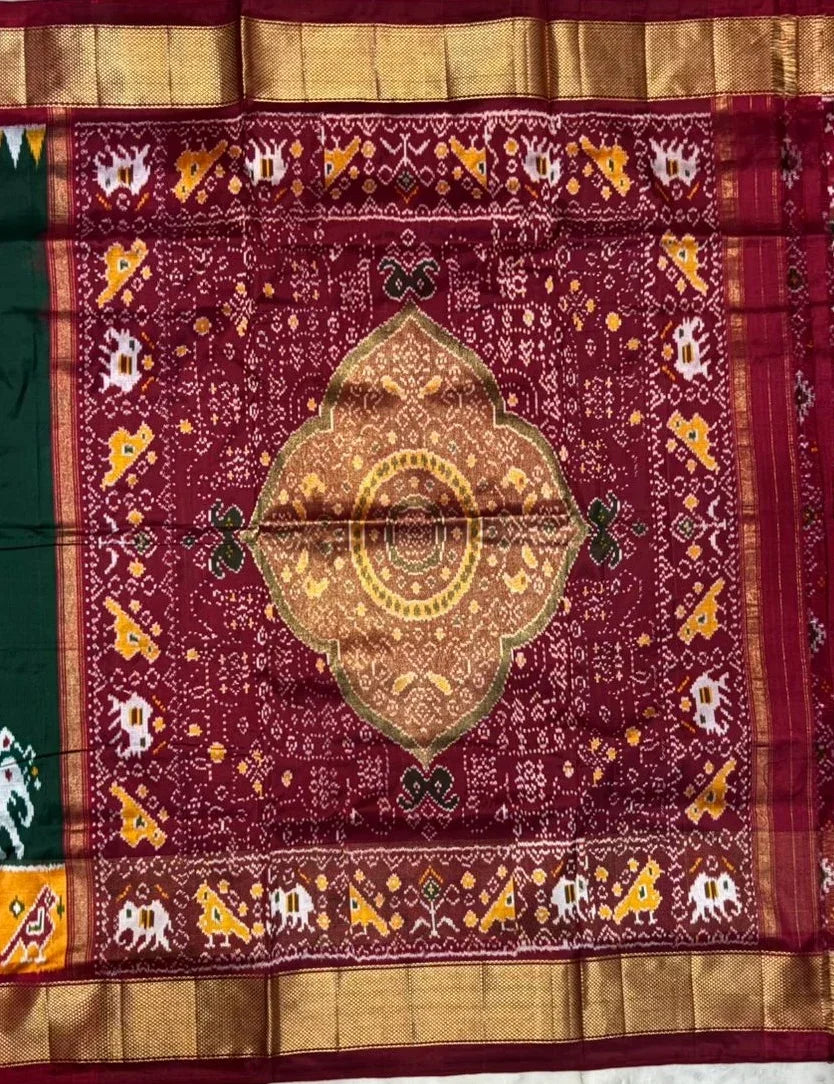 Bottle Green & Maroon Pochampally Ikkat Silk Saree - pochampallysarees.com