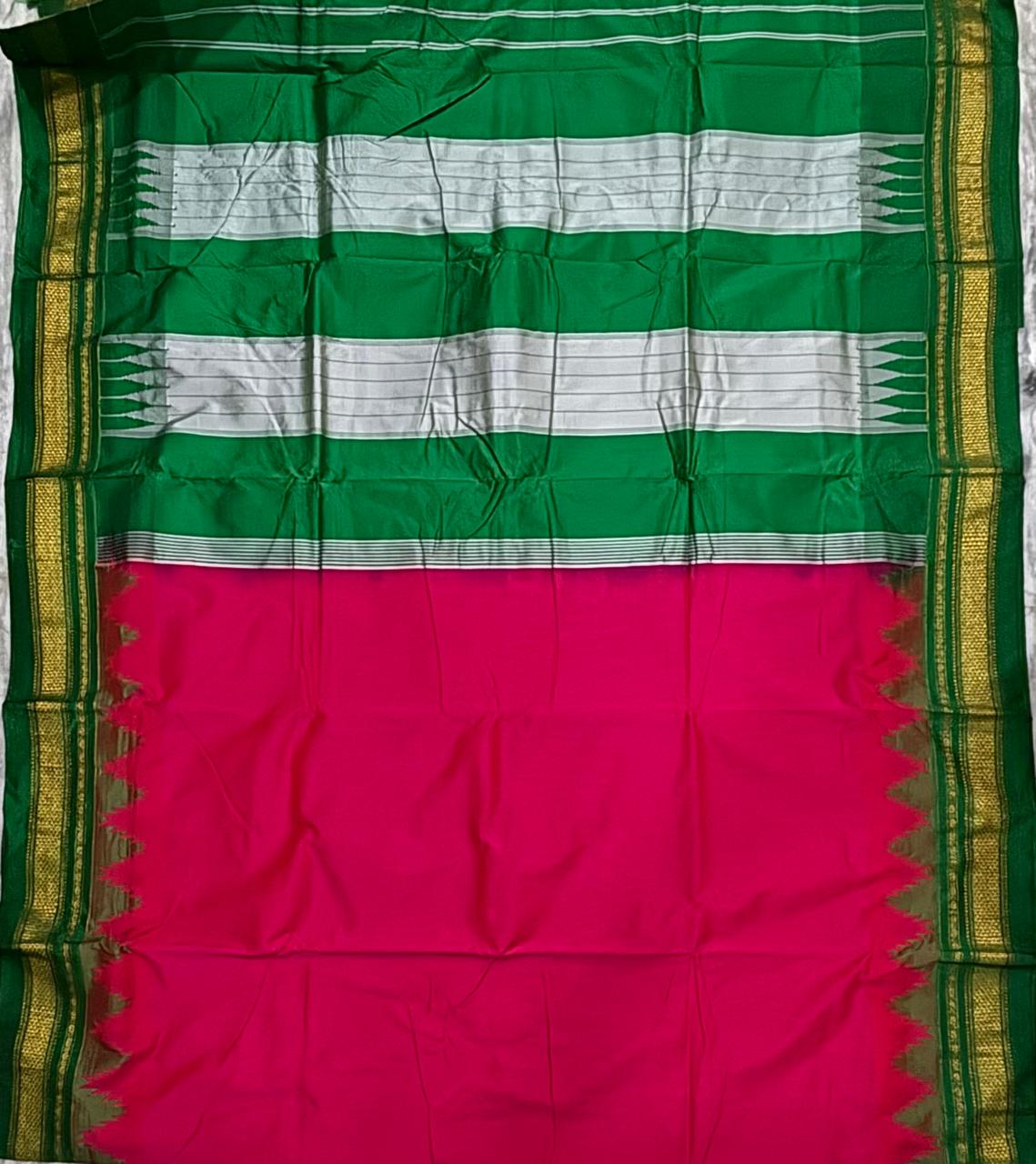 Deep Pink-Red Gadwal Silk Saree with Green & Zari Border