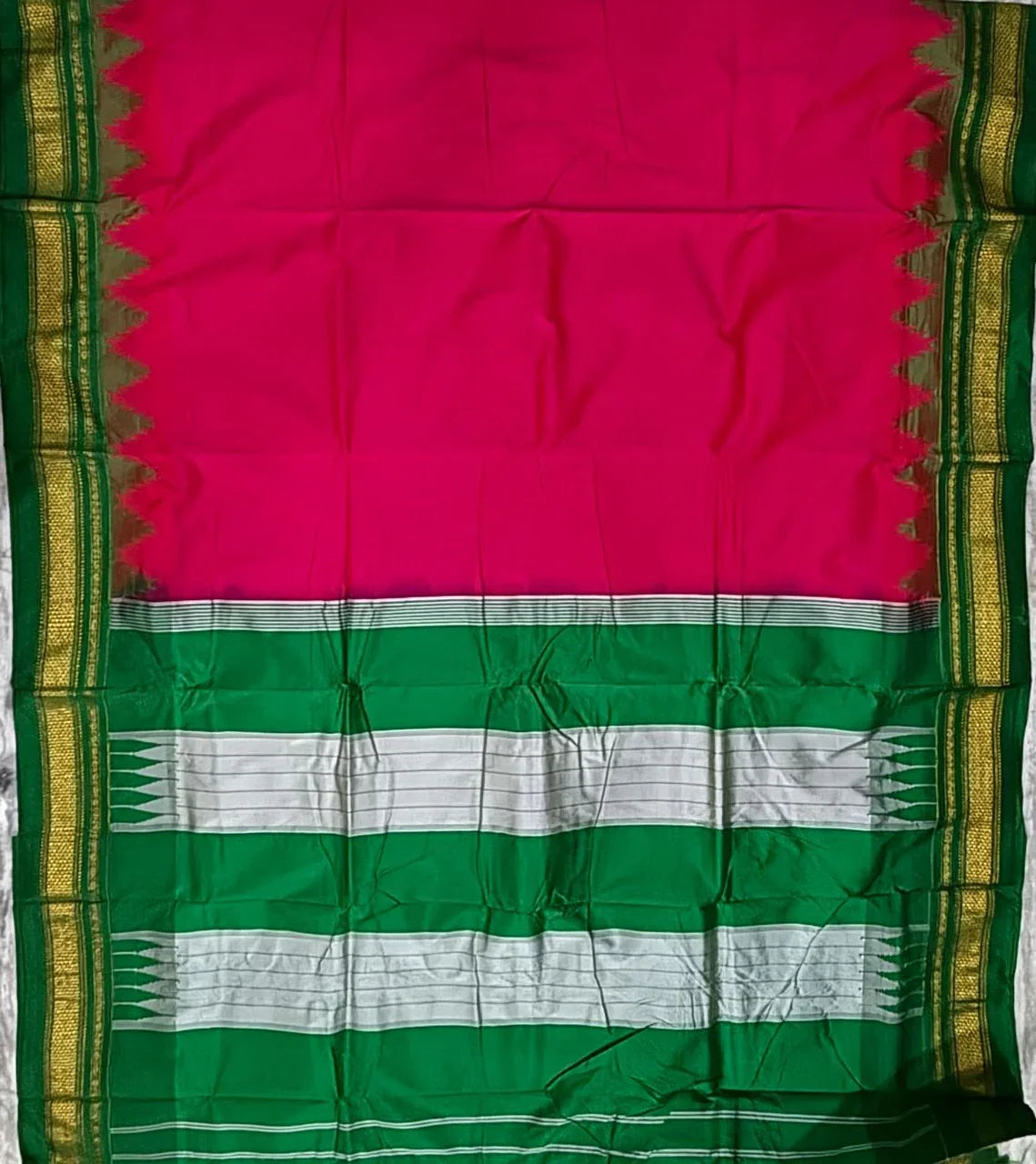 Deep Pink-Red Gadwal Silk Saree with Green & Zari Border - pochampallysarees.com