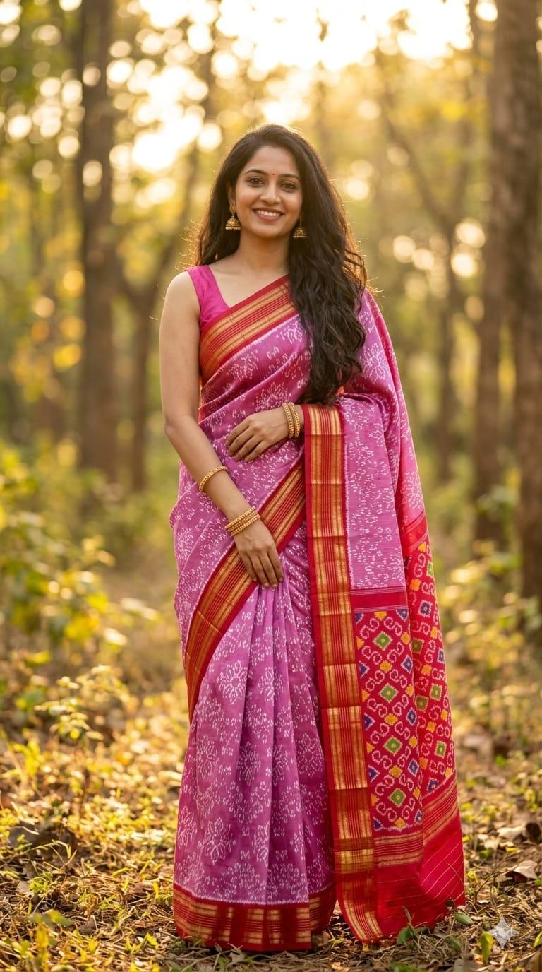 Pink Ikat Pattern Saree with Red & Gold Border - pochampallysarees.com