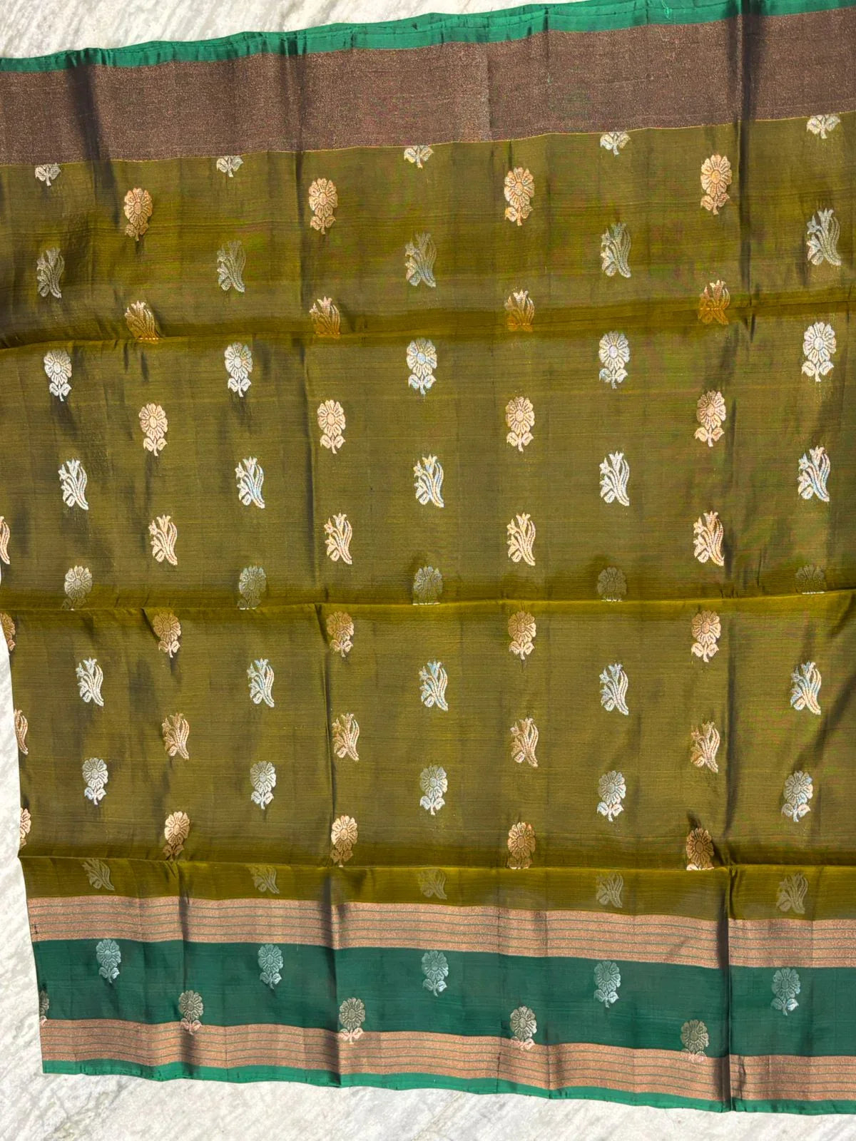 Teal Green Soft Silk Saree with Mustard Yellow Contrast Border & Woven Motifs - pochampallysarees.com
