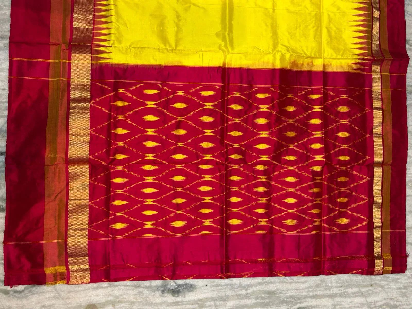 Yellow & Maroon Pure Ikkat Silk Saree with Traditional Temple Border | Zari Pallu - pochampallysarees.com