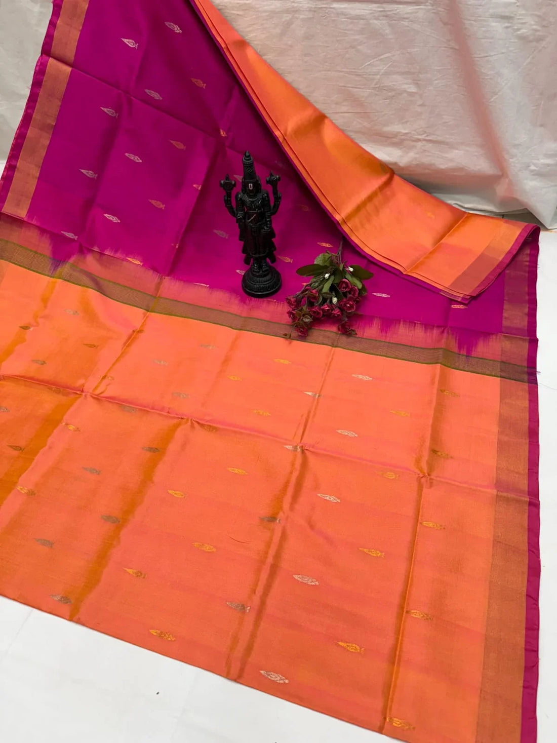 Pastel Peach and Magenta Pink Uppada Pattu Silk Saree with Zari Buttas - pochampallysarees.com