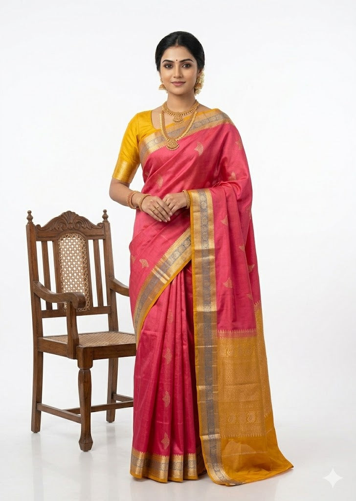 Kanchi Soft Silk Saree in Rani Pink with Mustard Yellow Border and Blouse | Silk Mark