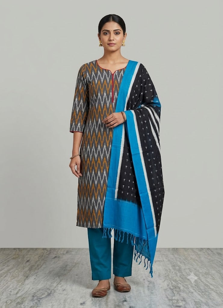 POCHAMPAALLY IKAT COTTON BLACK WITH BLUE COLOR DRESS MATERIAL -C34