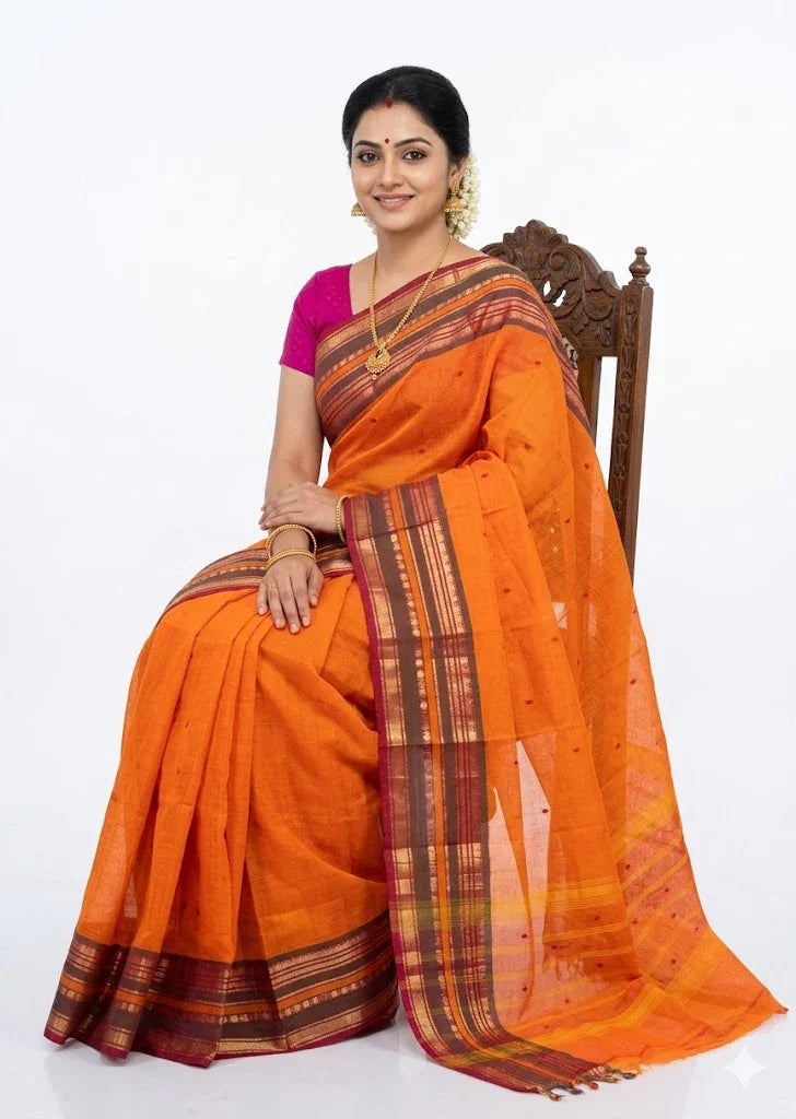 NARAYANPET COTTON SAREE YELLOW COLOR BUTTI BODY BUTTA GANGA JAMUNA BORDER - pochampallysarees.com