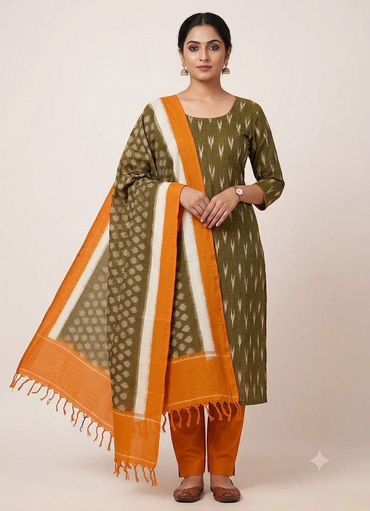 DOUBLE IKAT COTTON BROWN WITH YELLOW COLOR DRESS MATERIAL -C70