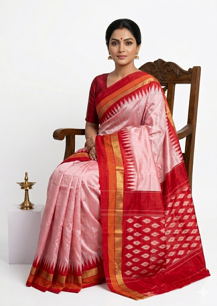 Authentic Pure Ikat Silk Saree in Pink & Red | Traditional Handloom