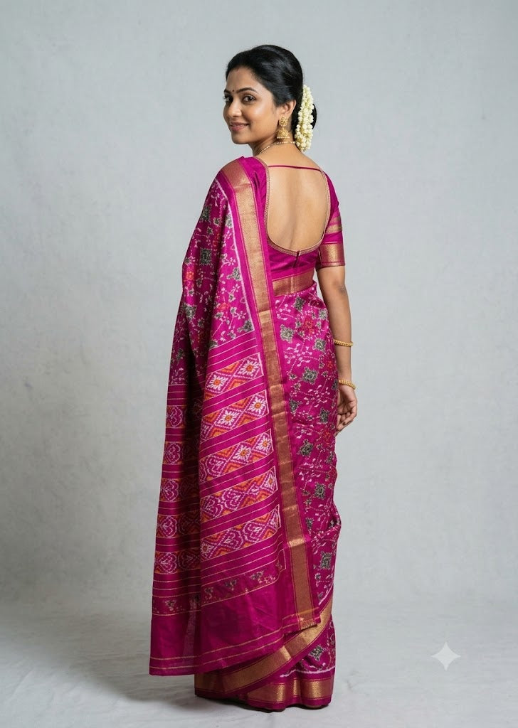 Authentic Magenta Patola Silk Saree with Geometric Ikkat Weave and Zari Border ip02