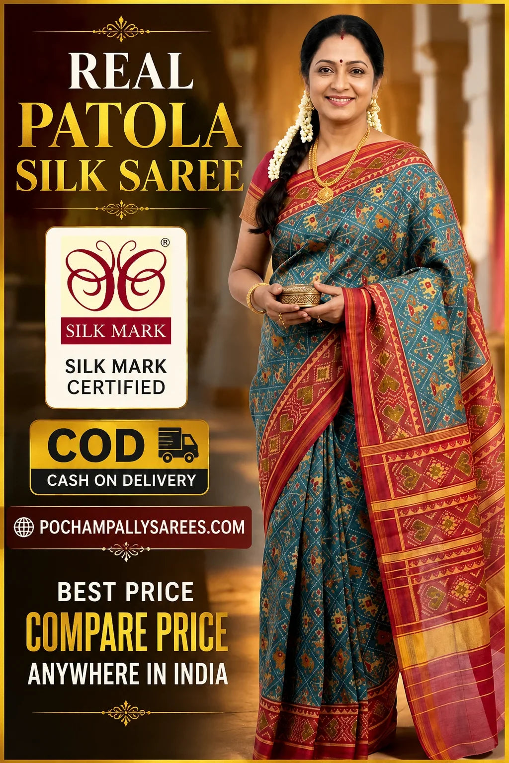 Handloom Ikat Real Patola Silk Saree – Classic Blue & Maroon - pochampallysarees.com