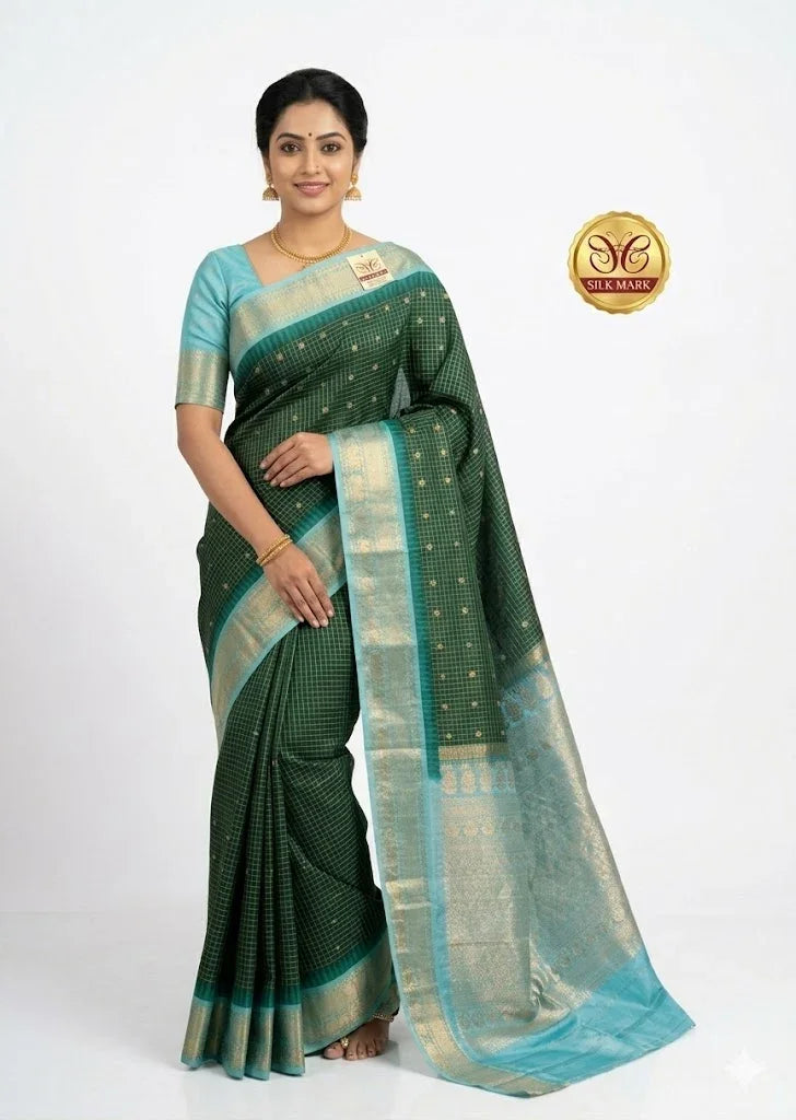 Pure Gadwal Silk Saree in Forest Green Checks with Light Blue Border - pochampallysarees.com