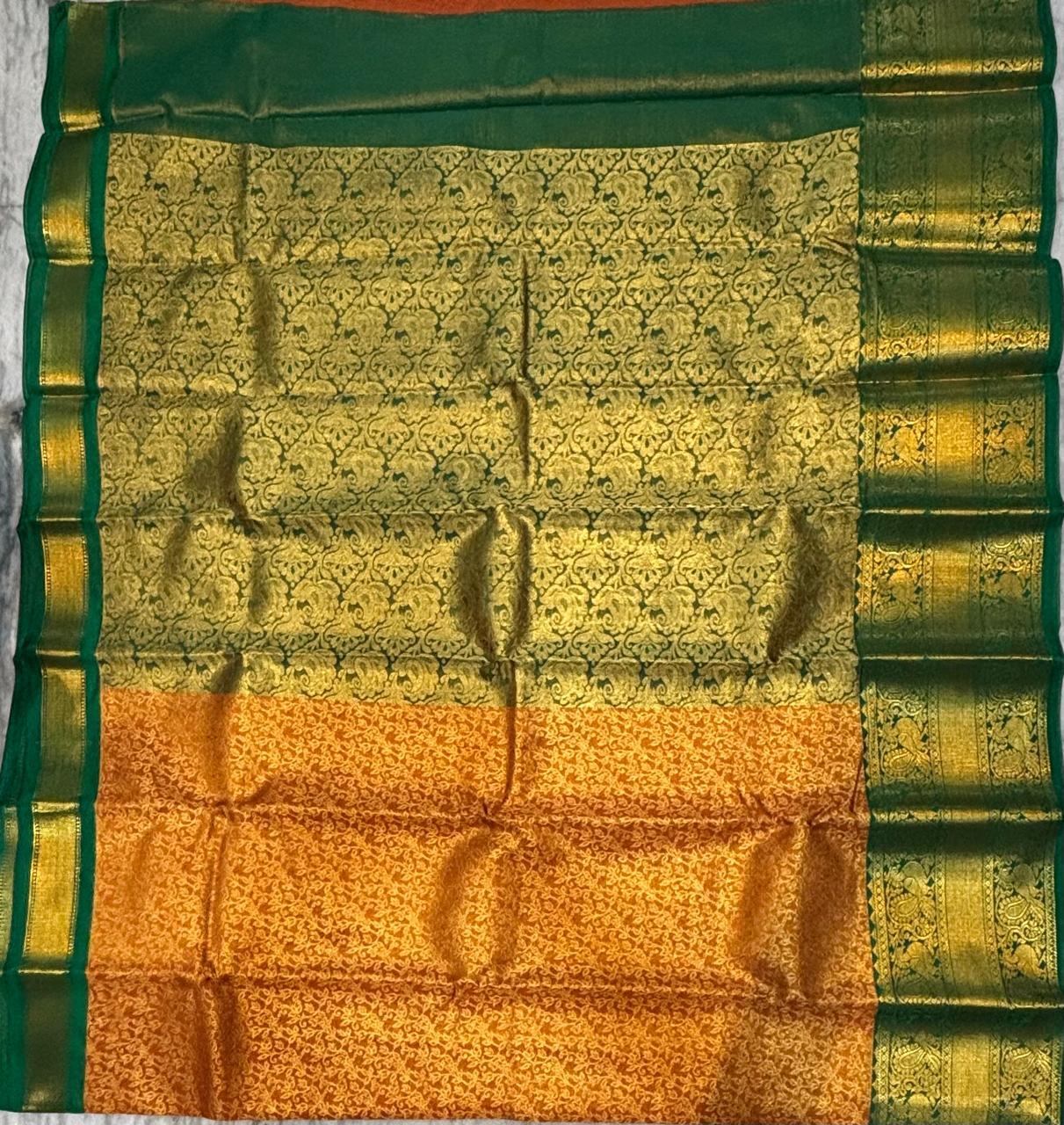 Dharmavaram Pattu Silk Saree in Mustard Orange and Emerald Green - pochampallysarees.com
