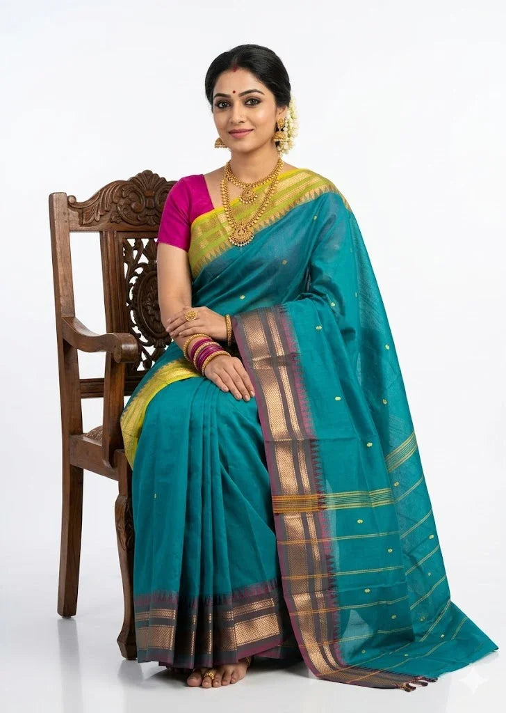 NARAYANPET COTTON SAREE RAMA GREEN BUTTI BODY BUTTA GANGA JAMUNA BORDER - pochampallysarees.com