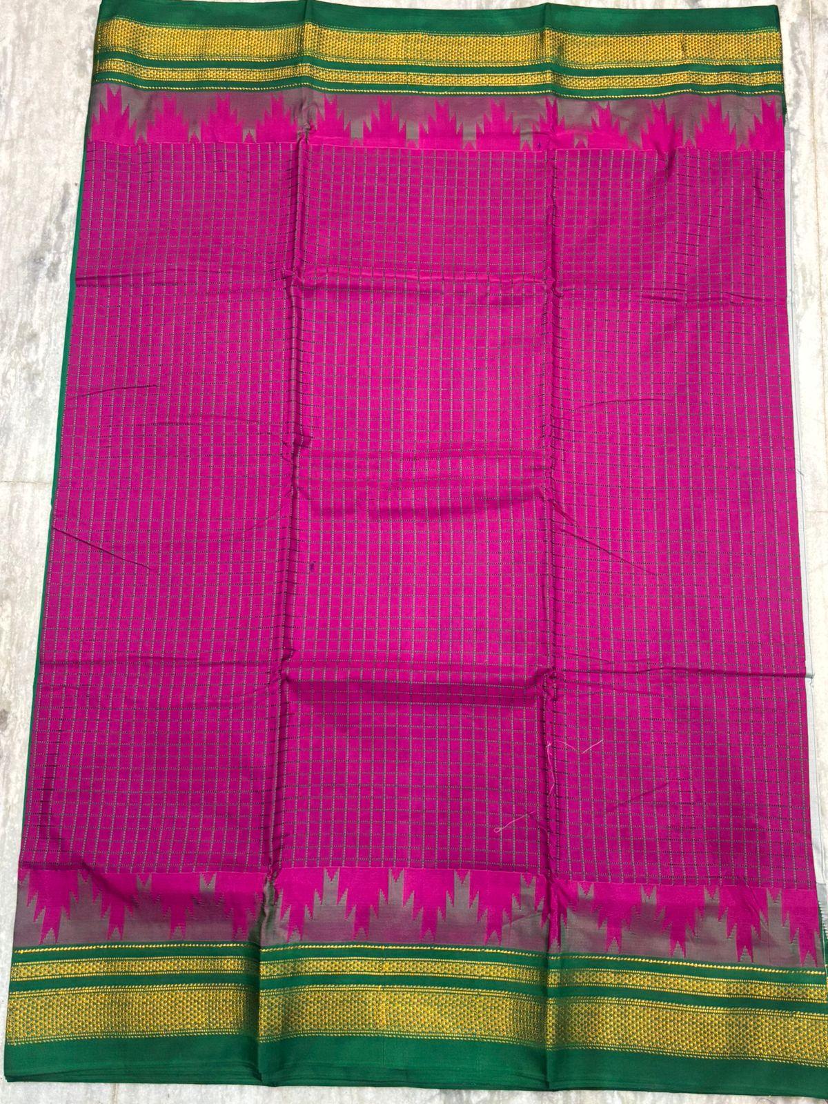 Pure Gadwal Silk Saree - Magenta Pink with Temple Border & Green Pallu - pochampallysarees.com