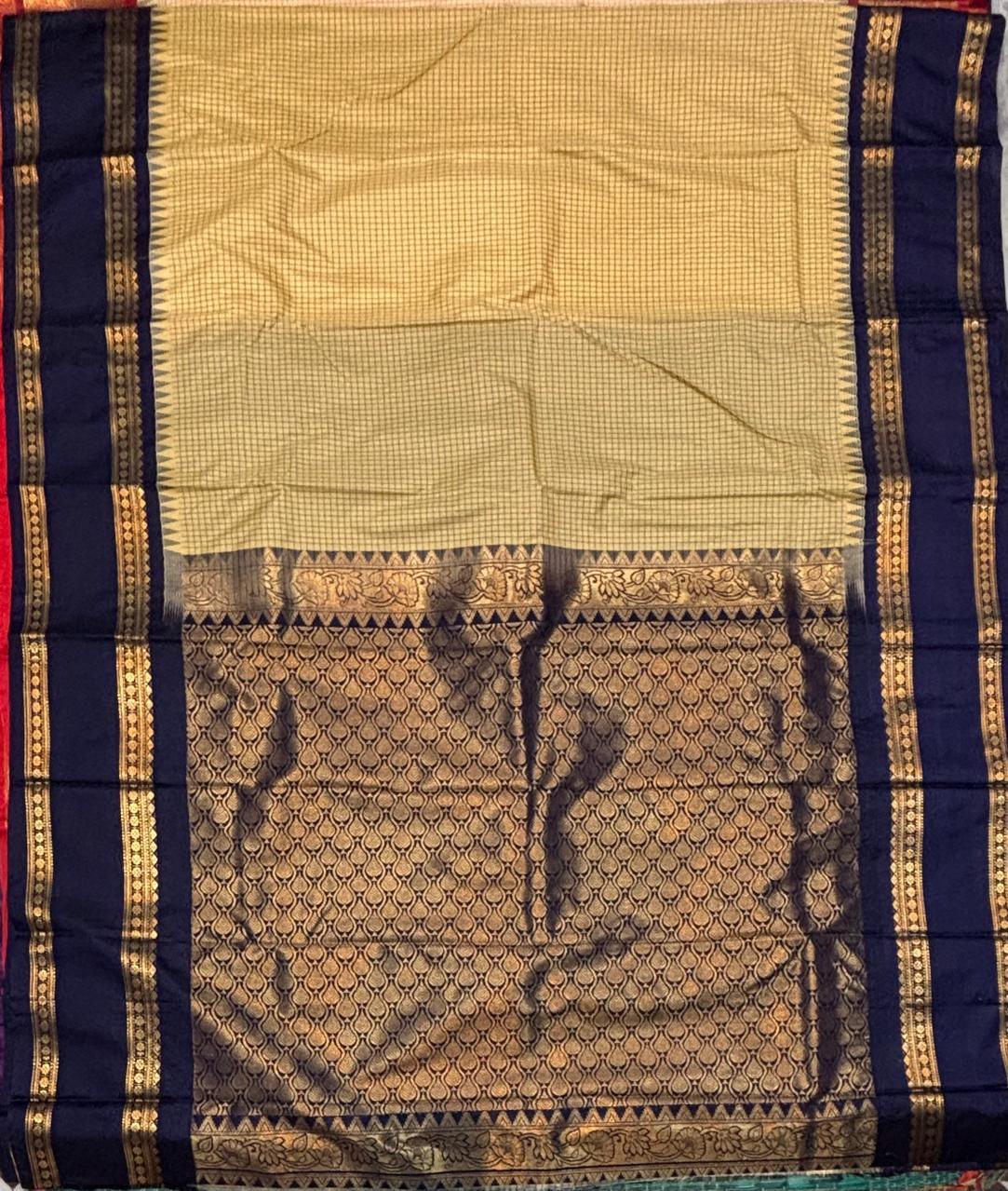 Cream Gadwal Silk Saree with Navy Blue Zari Border - pochampallysarees.com