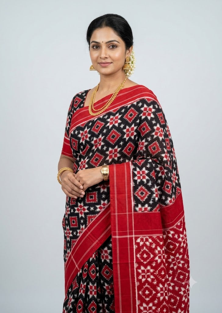 Traditional Handwoven Ikkat Telia Rumal Cotton Saree with Rich Red Pallu & Geometric Grid Border