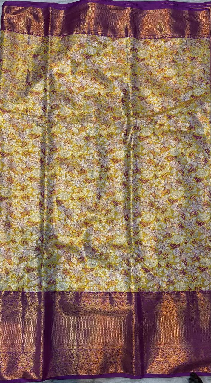 Dharmavaram Pattu Silk Saree Light Yellow & Purple Sari - pochampallysarees.com