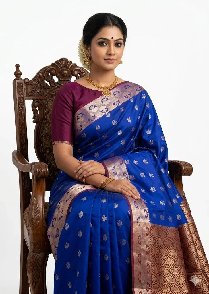 Dharmavaram Pattu Traditional Royal Blue Saree with Rich Maroon Contrast Border and Gold Zari Work - pochampallysarees.com