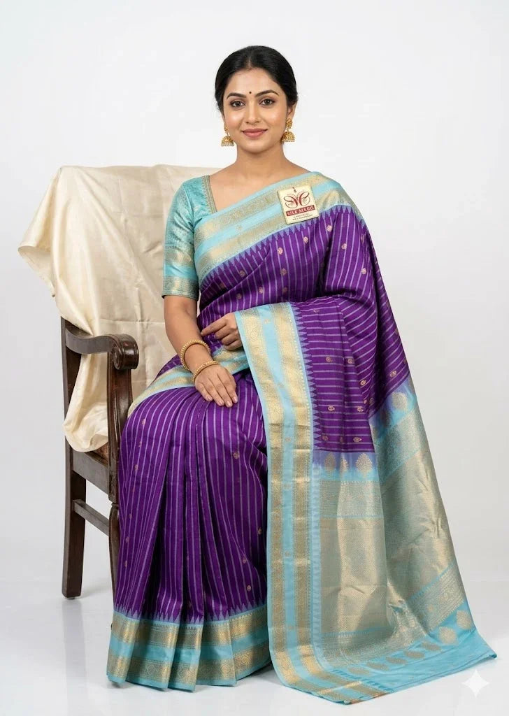 Pure Gadwal Silk Saree in Lavender with Light Blue Border - pochampallysarees.com