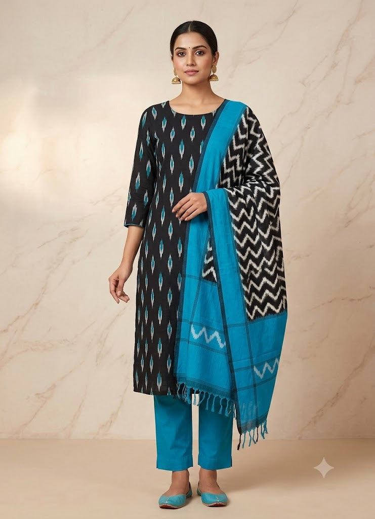 POCHAMPALLY DOUBLE IKKAT COTTON TOP BLACK PANT BLUE DUPATTA BLACK SUITE -C14