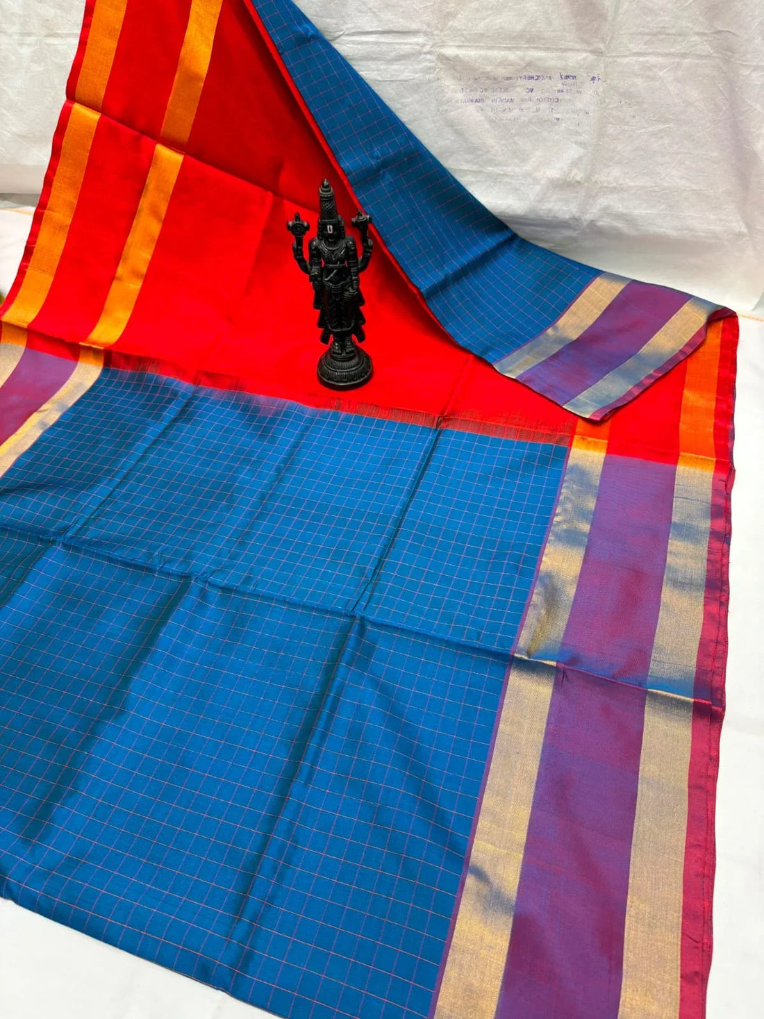 Stunning Red & Deep Blue Checkered Uppada Pattu Saree - pochampallysarees.com