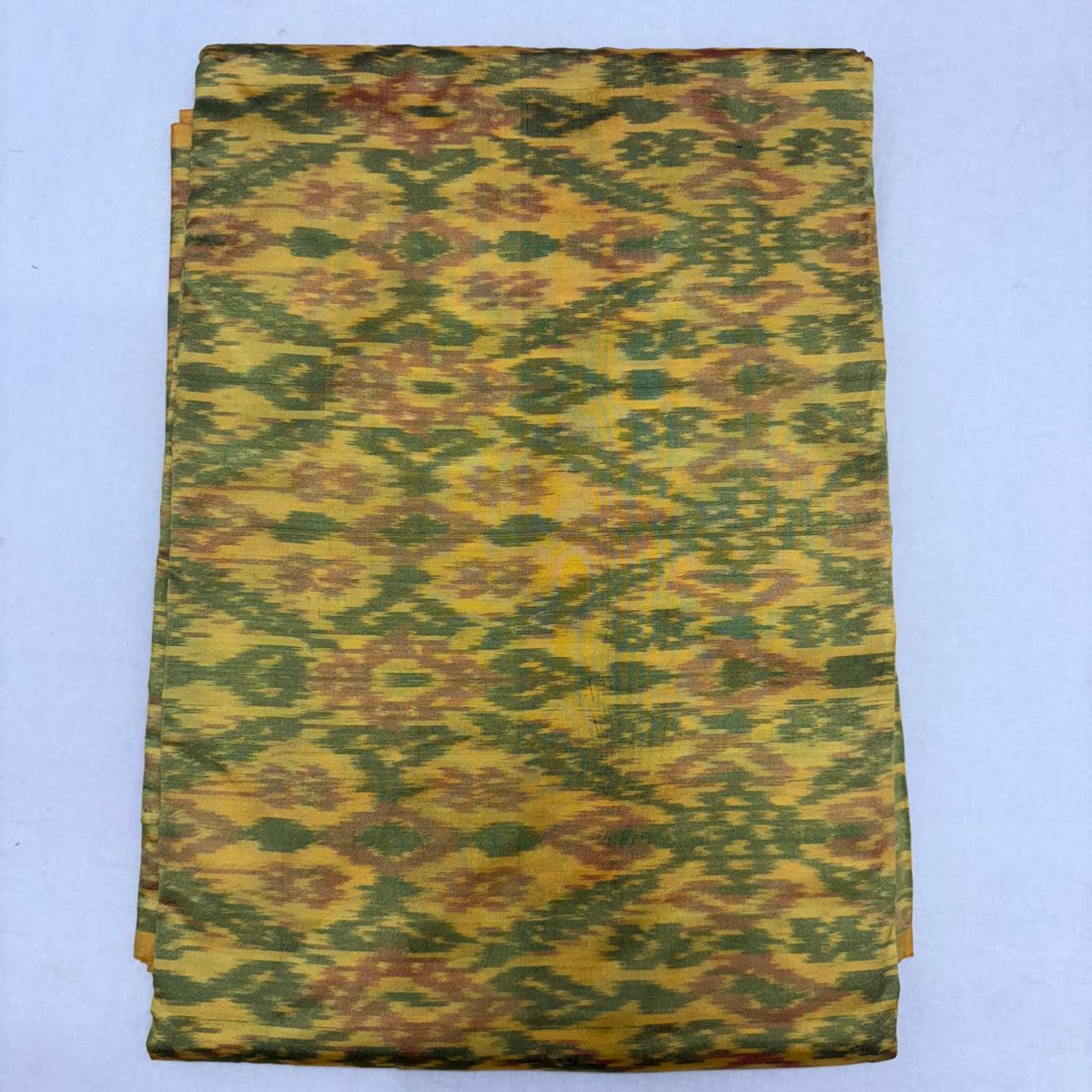 Pure Silk Handwoven Ikat Fabric with Silk Mark Certification – Earthy Olive Green with Mustard & Amber Rust Motifs