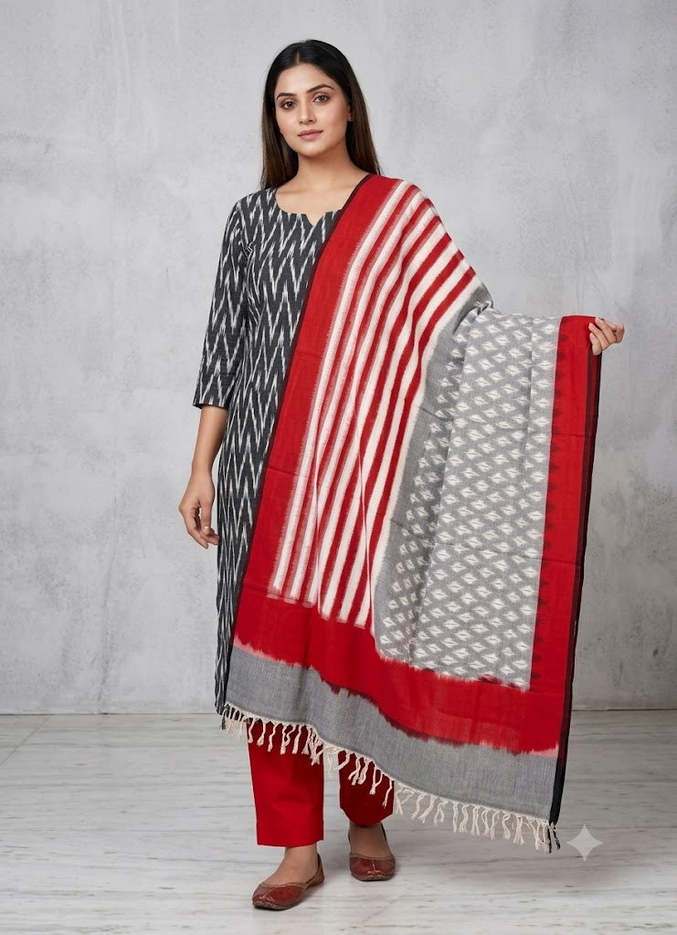 DOUBLE IKAT COTTON GRAY WITH RED COLOR DRESS MATERIAL -C43