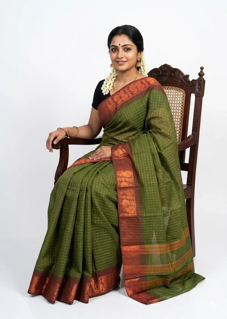NARAYANPET COTTON SAREE OLIVE GREEN - pochampallysarees.com