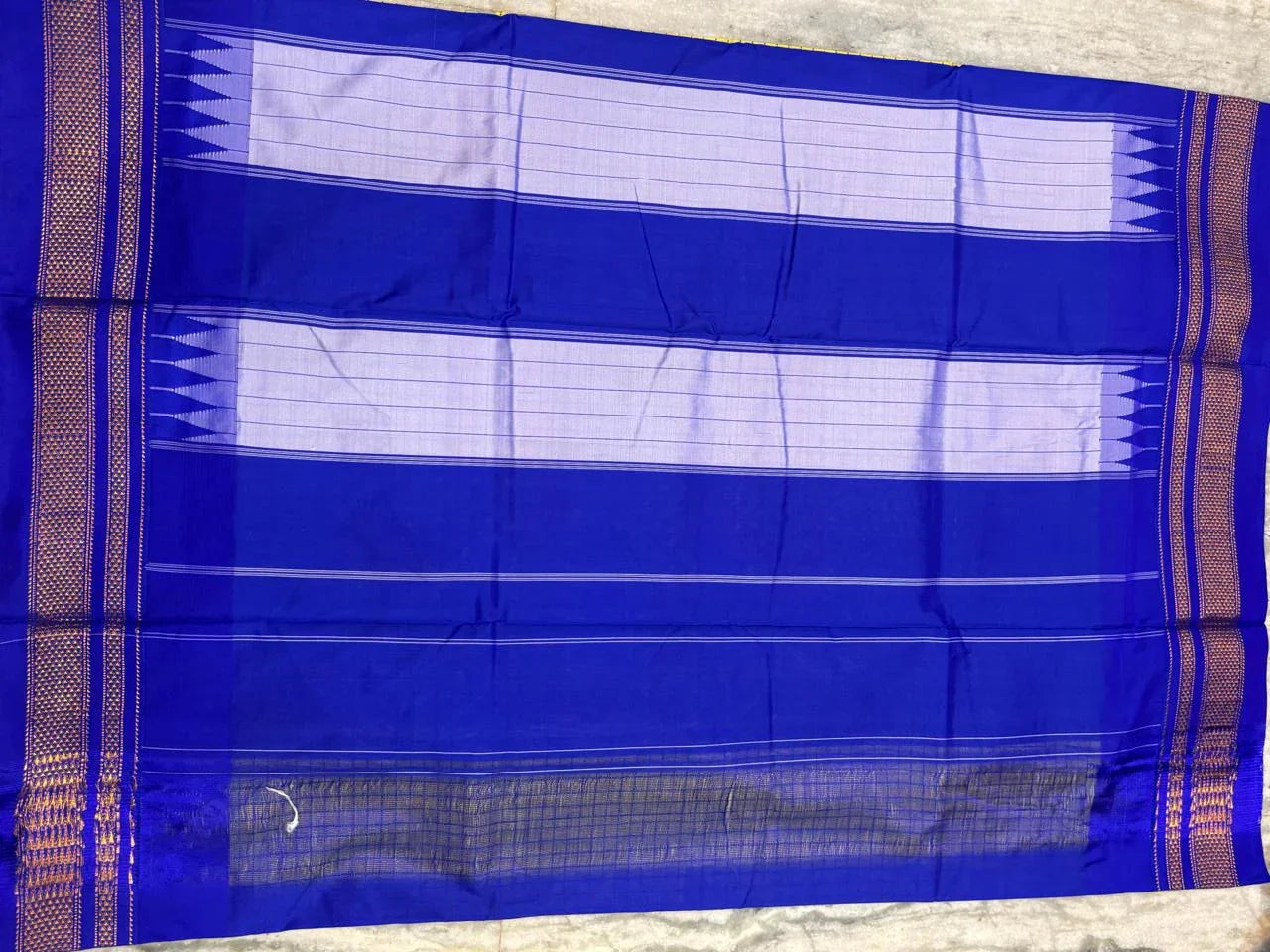 Mustard Yellow & Royal Blue Kanchipuram Handloom Silk Saree - pochampallysarees.com