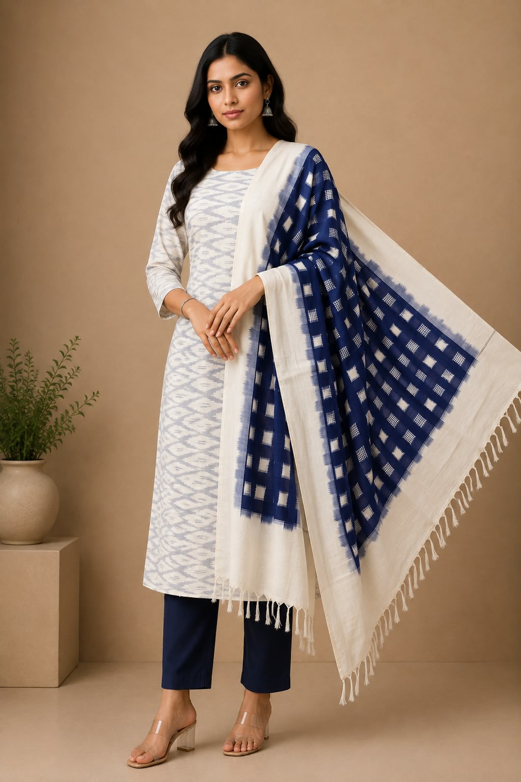 Off-White & Indigo Blue Handloom Double Ikat Cotton Dress Material Set