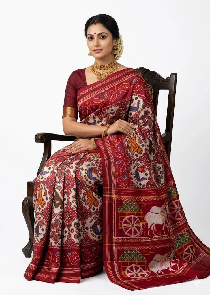 Authentic Pochampally Ikkat Patola Silk Saree with Traditional Elephant & Cart Motifs - pochampallysarees.com