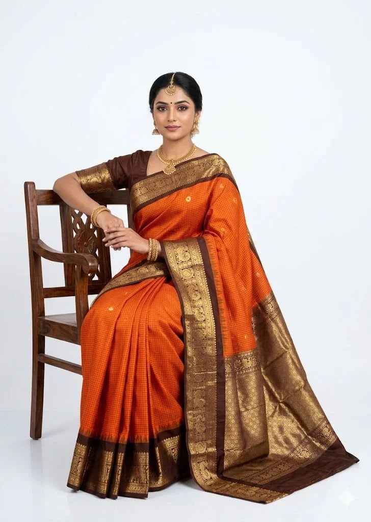Traditional Burnt Orange & Chocolate Brown Silk Saree with Antique Zari Work - pochampallysarees.com