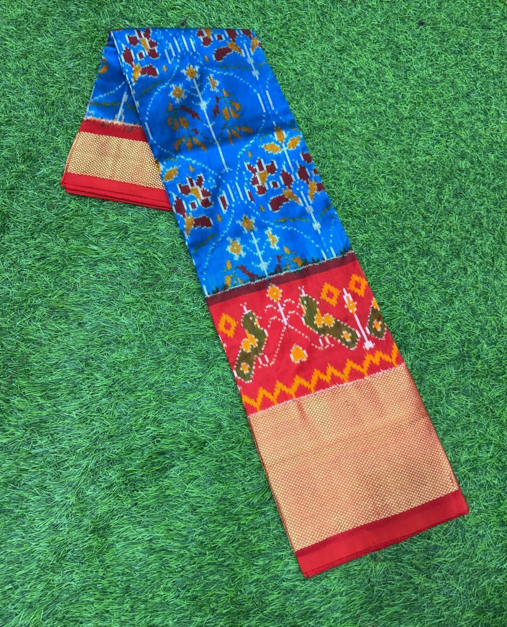 Ananda Blue And Red Ikkat Silk Big Size Lehenga (8 Years to 50 Years)with silk mark