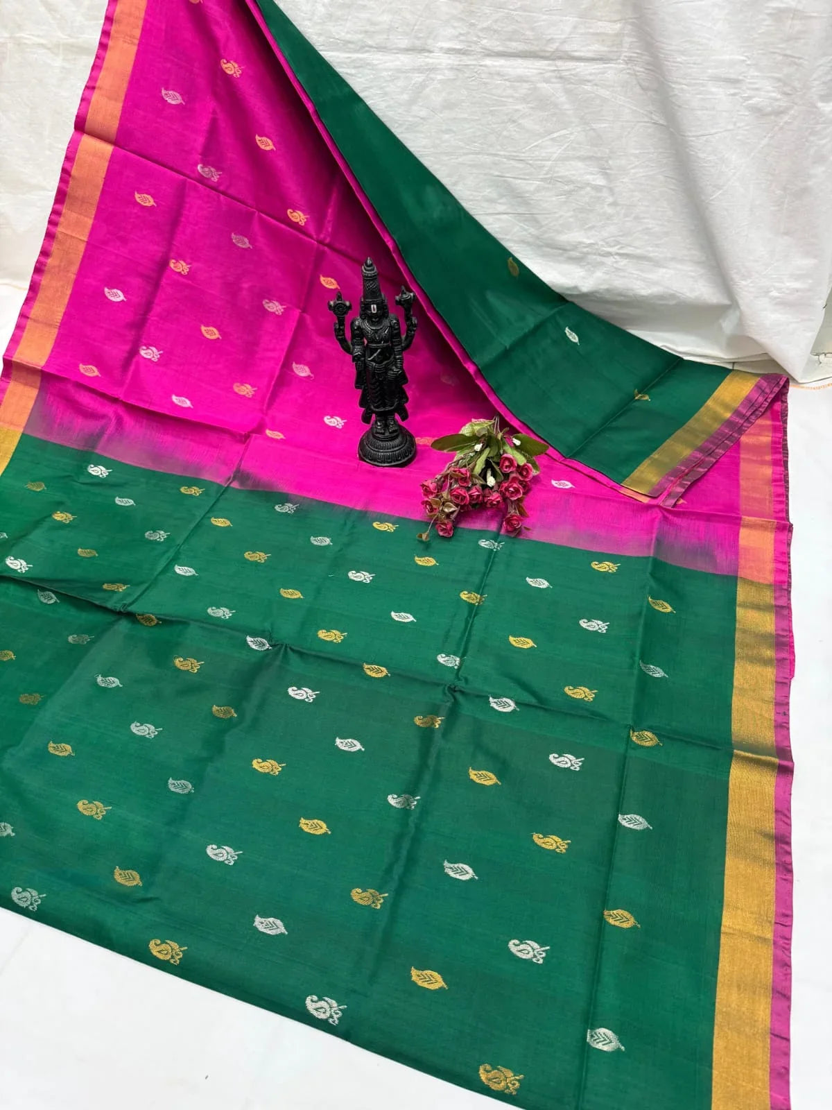 Emerald Green and Rani Pink Uppada Pattu Silk Saree with Gold and Silver Zari Buttas - pochampallysarees.com