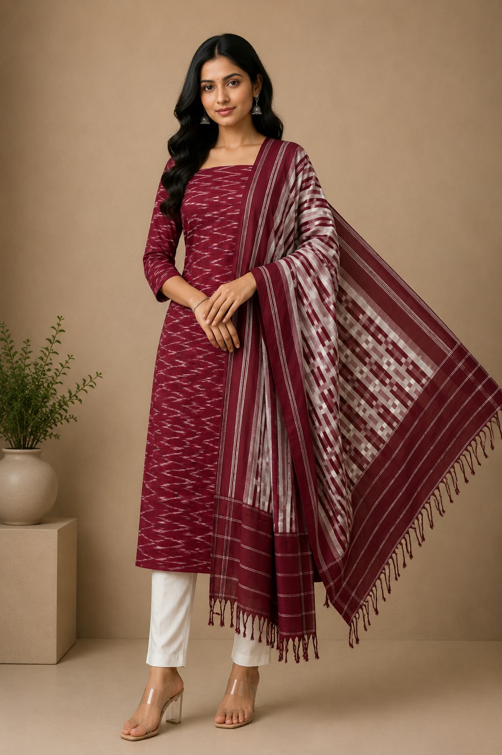 Burgundy Maroon & Off-White Handloom Double Ikkat Cotton Dress Material Set