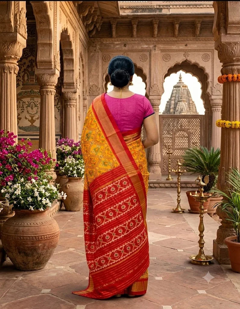 Authentic Pochampally Ikkat Silk Saree in Yellow and Maroon - pochampallysarees.com