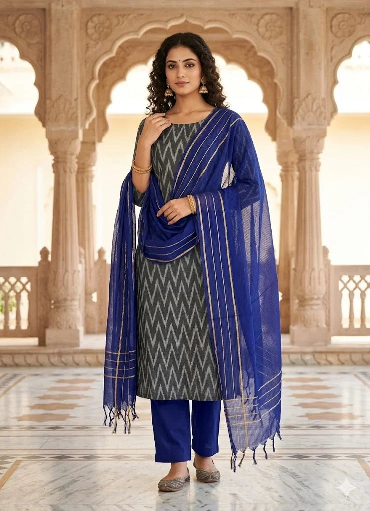 Pure Handloom Zig-Zag Ikat Charcoal Grey and Royal Blue Unstitched Suit Set - pochampallysarees.com
