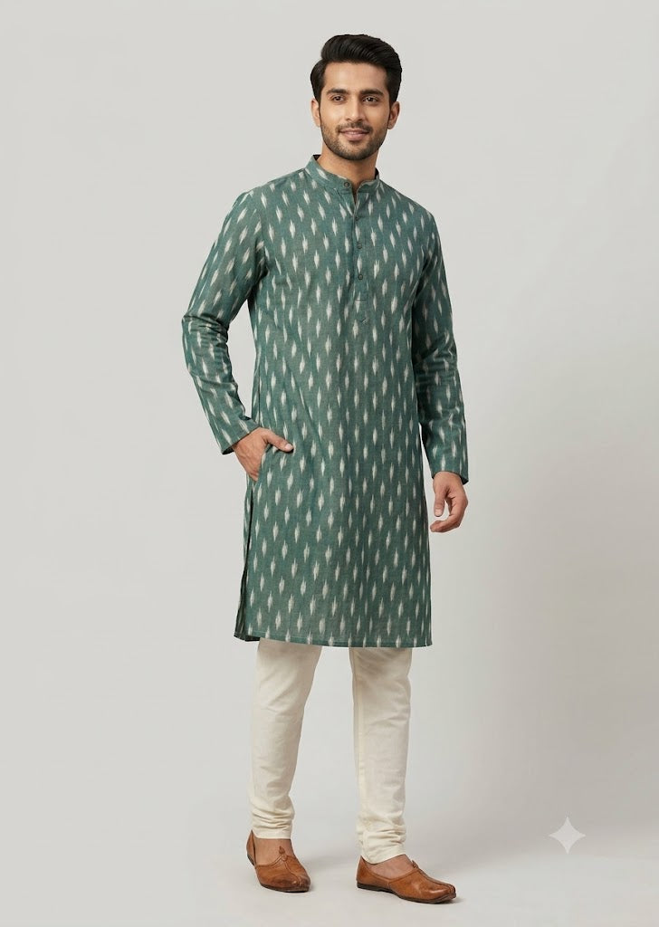 Handloom Teal Green Pochampally Ikat Cotton Fabric