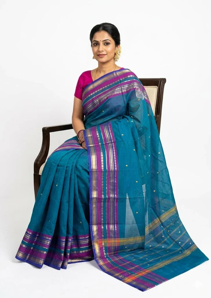 NARAYANPET COTTON SAREE BLUE BUTTI BODY BUTTA GANGA JAMUNA BORDER - pochampallysarees.com